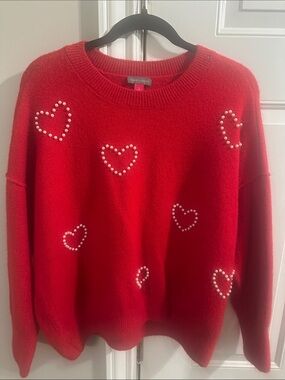Vince Camuto Red Crewneck Sweater with Pearl Heart Details
